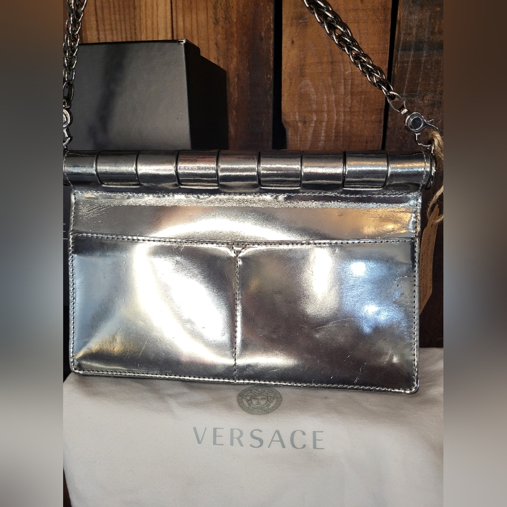 Versace Silver Mirrored Leather Flap Chain Shoulder Bag - Picture 9 of 16